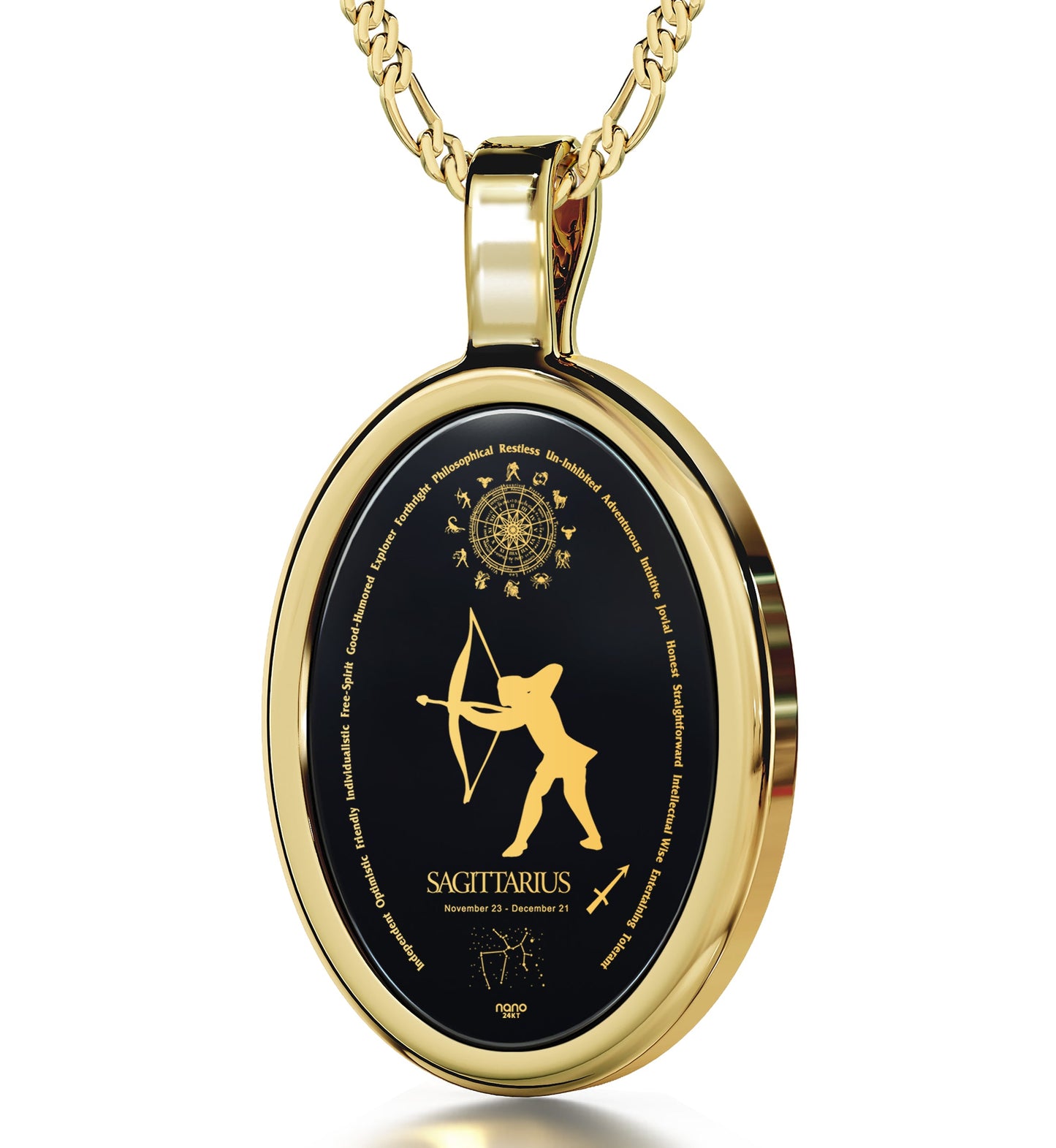 Sagittarius Necklace Zodiac Pendant 24k Gold Inscribed on Onyx Stone