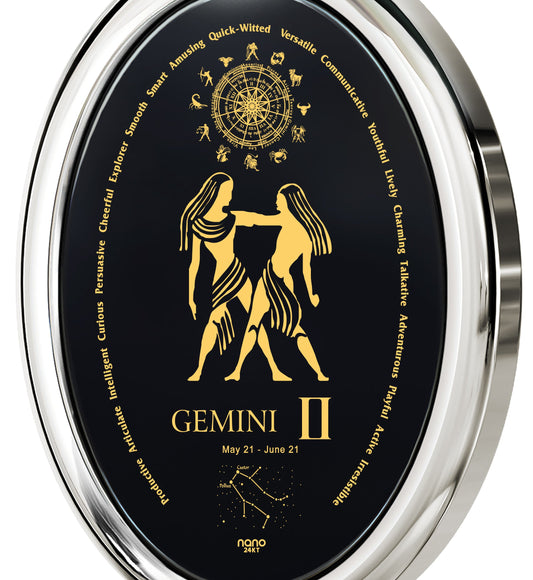 Gemini Necklace Zodiac Pendant 24k Gold Inscribed on Onyx Stone