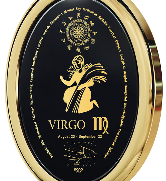 Virgo Necklace Zodiac Pendant 24k Gold Inscribed on Onyx Stone